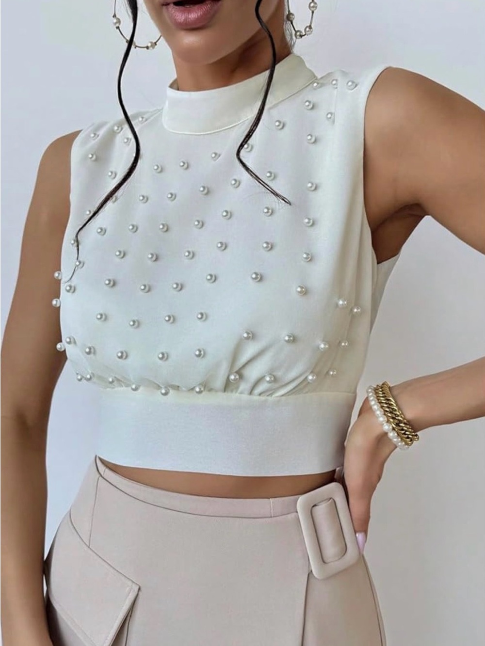 Pearl-Embellished White Sleeveless Crop Top